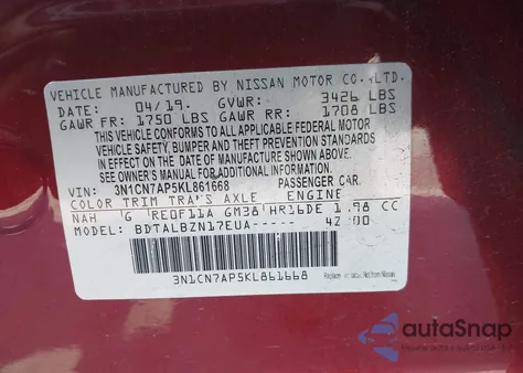 2019 Nissan Versa 1.6 Sv z USA, uszkodzony, nr VIN 3N1CN7AP5KL861668